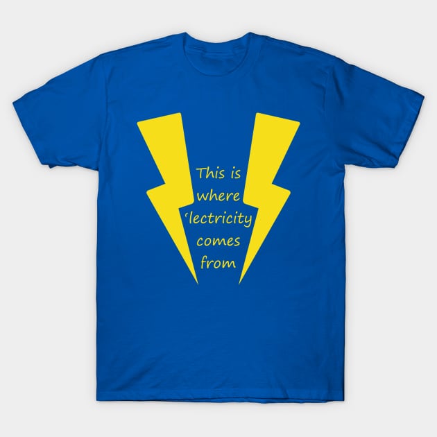 Steve Stifler Where the 'lectricity comes from T-Shirt by Meta Cortex